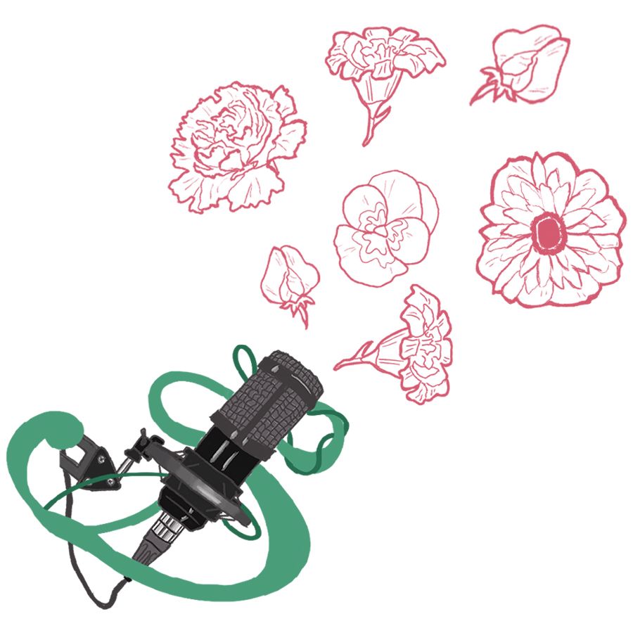 Illustration of black microphone with a green cord, surrounded by floating red floral sketches.
