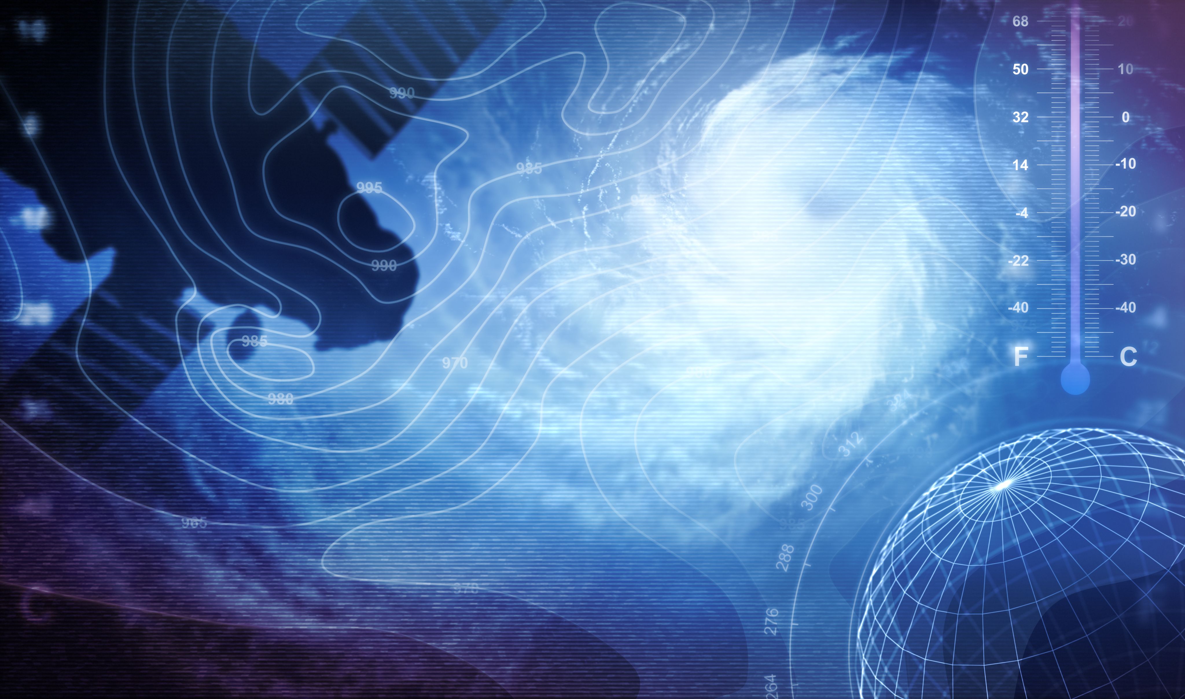 Elements representing weather forecasting and climatology are imposed on a blue, cloudy background