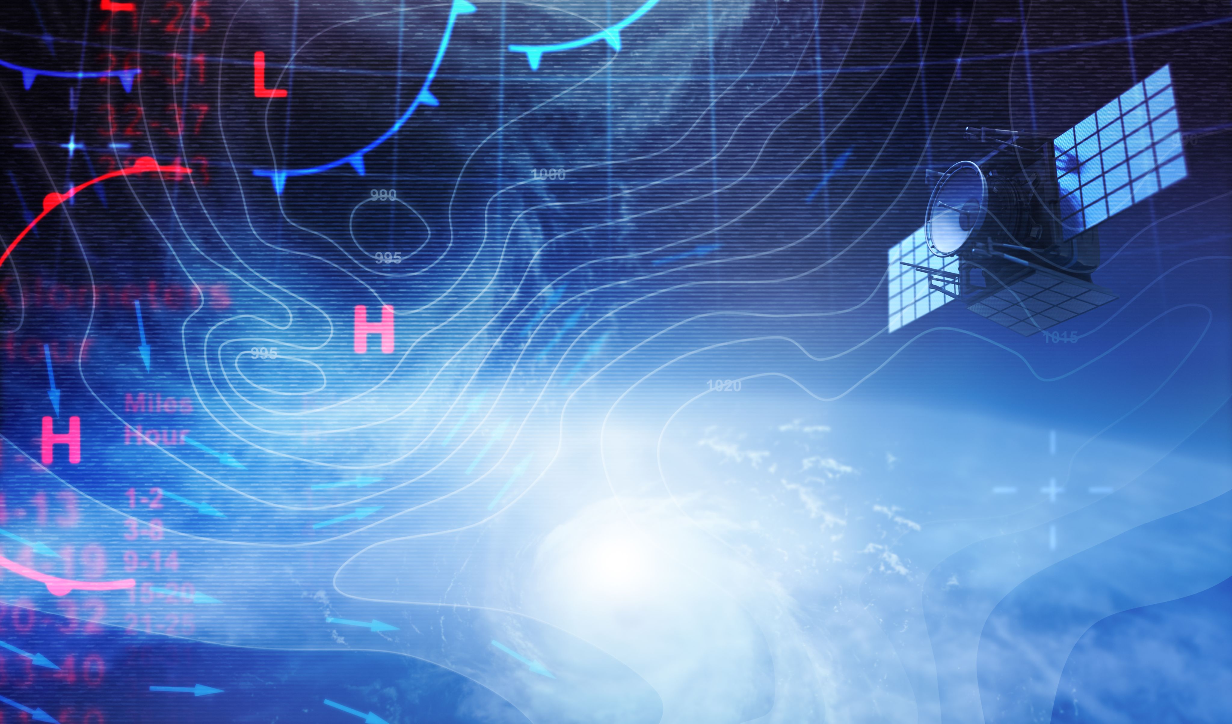 Elements representing weather forecasting and climatology are imposed on a blue, cloudy background