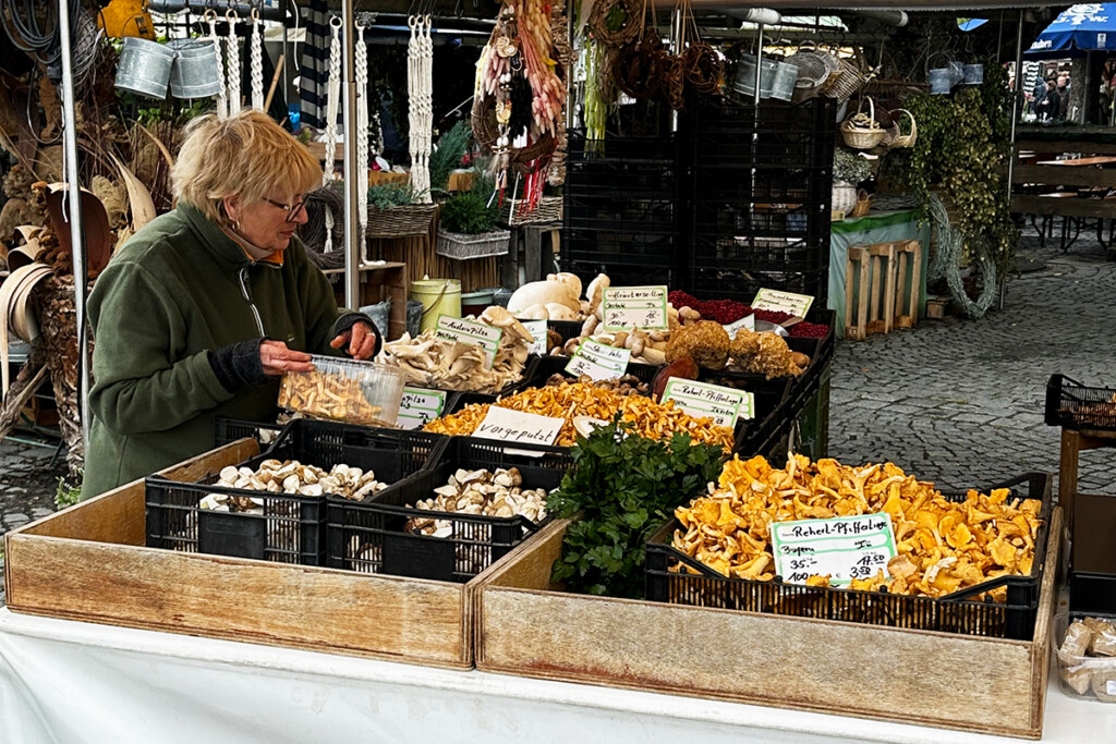 A woman shops for various types of mushrooms at an outdoor market.