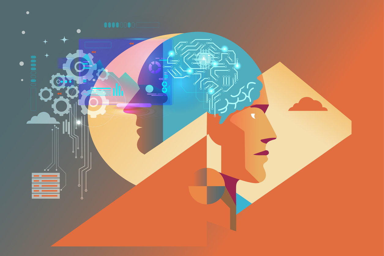 an abstract image composed with simple flat geometry, gradients of color, and imagery that includes faces, minds, and technological iconography.