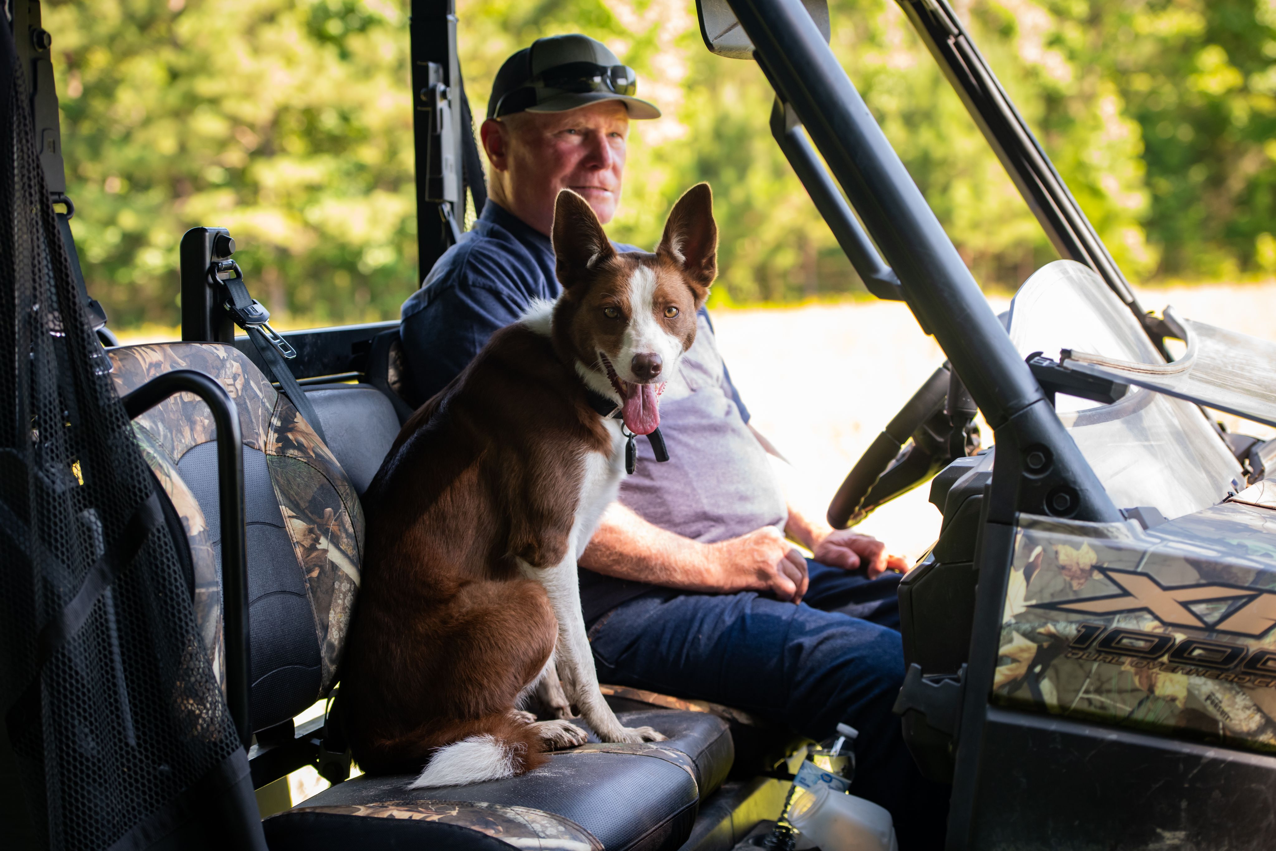 A brown and white cattle dog and a man sit in the cab of an ATV.