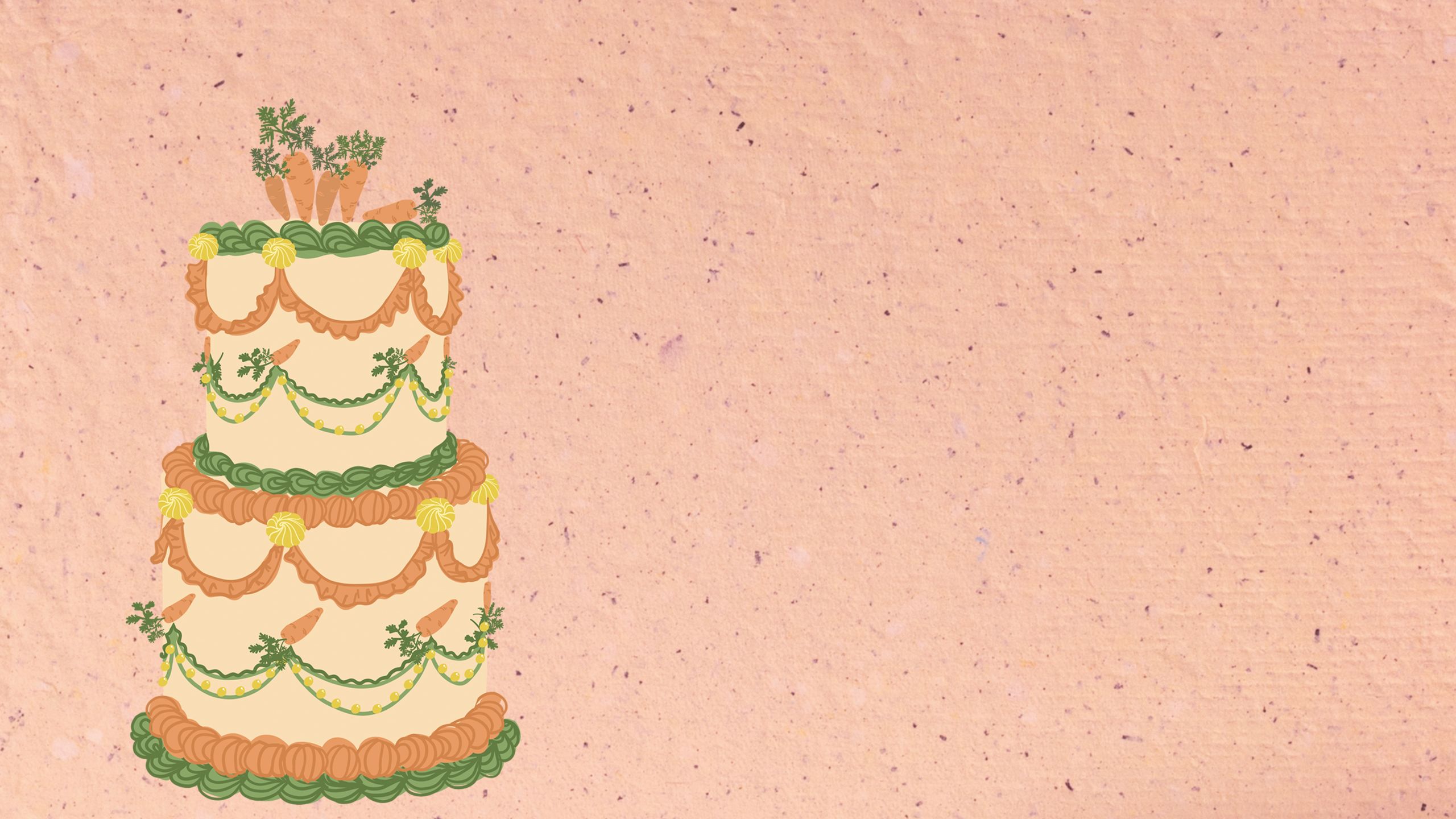 A colorful illustration of a two-tier carrot cake with intricate orange, green and yellow decorative icing.