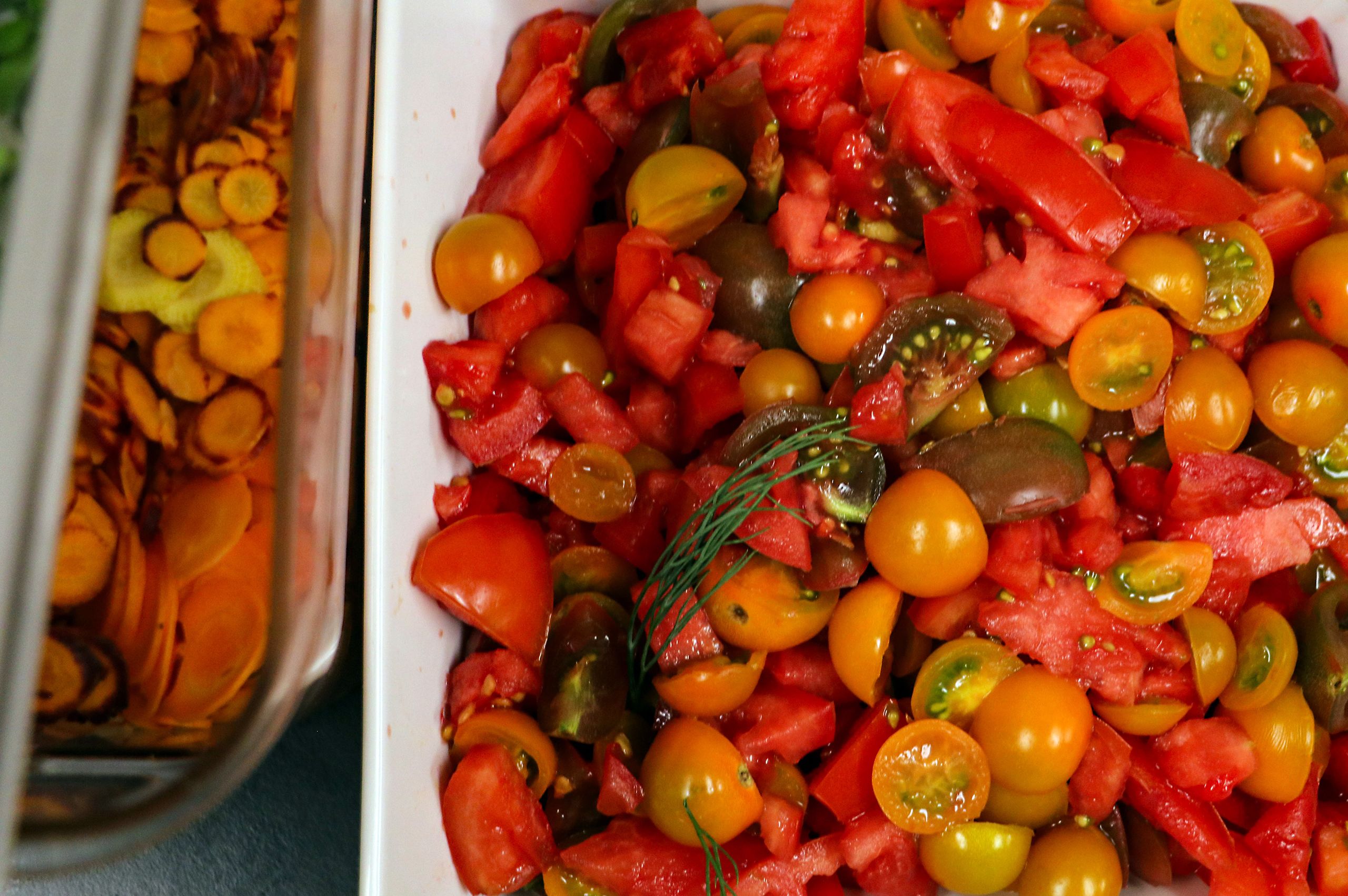 A close up image of various types of sliced tomatoes in a casserole dish.