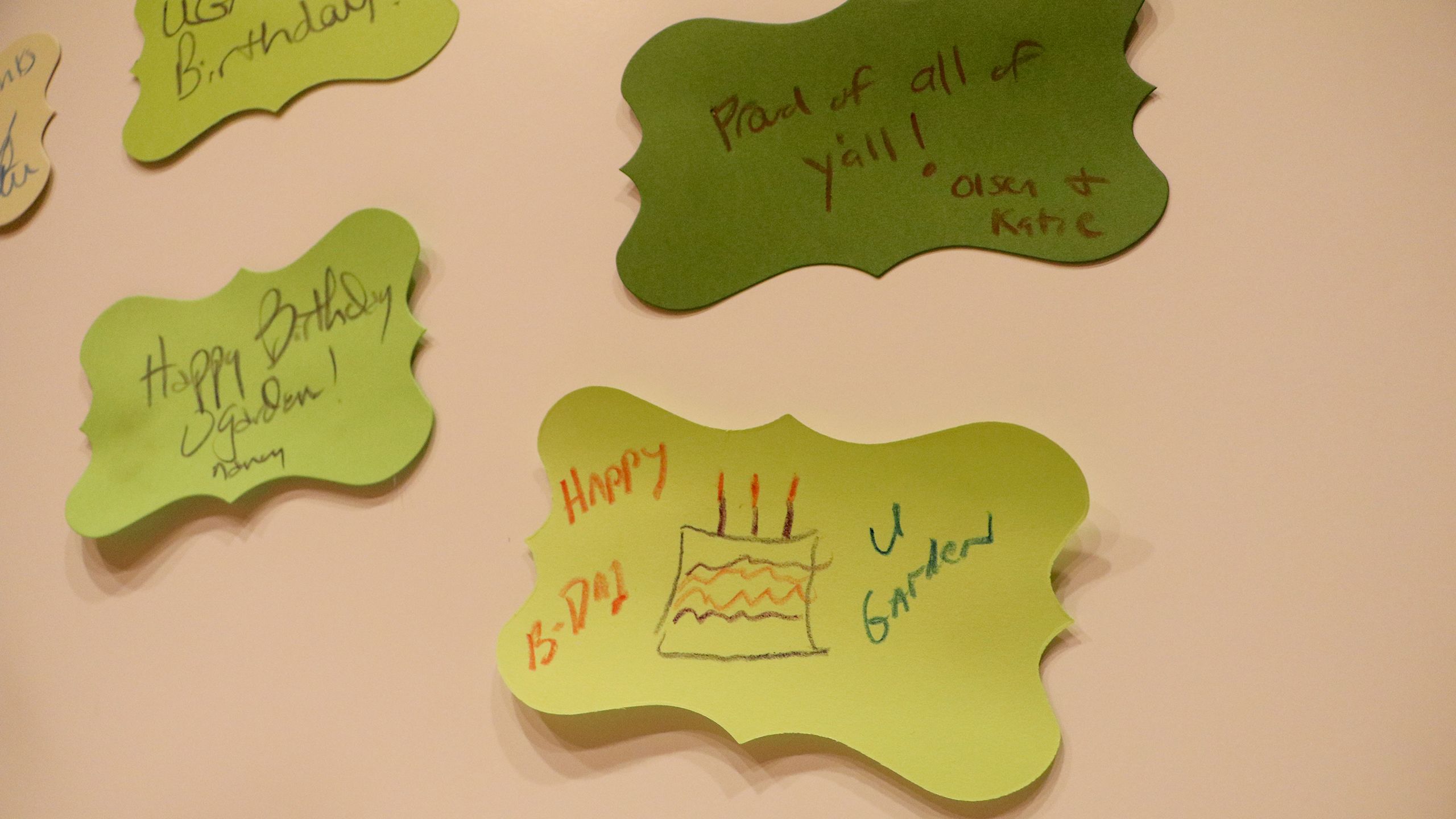 Green notecards with birthday well-wishes and kind words are stuck to a board.