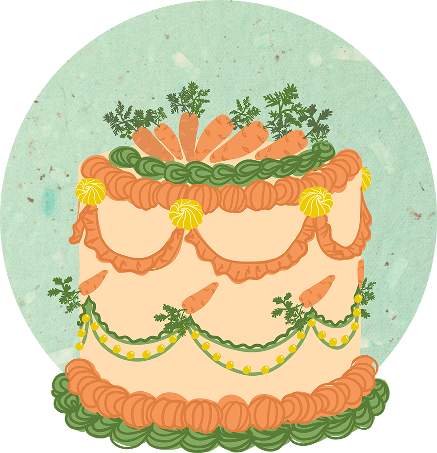 A colorful illustration of an orange carrot cake with decorative icing. 