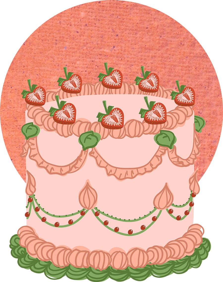 A colorful illustration of a pink cake with strawberries on top and decorative icing against a pink background. 