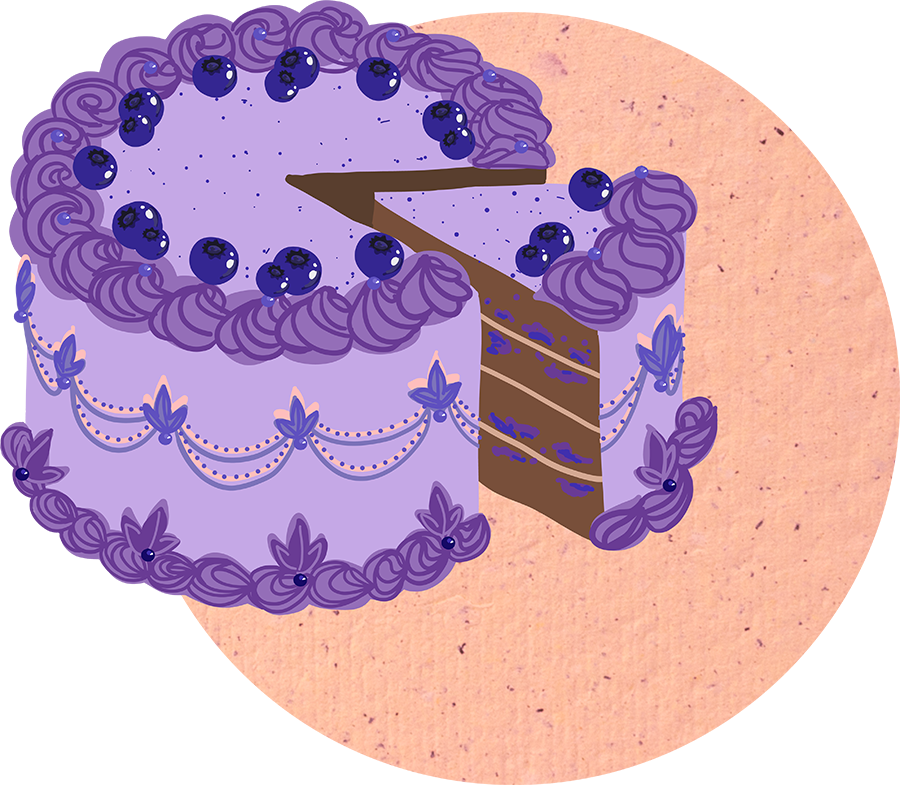 A colorful illustration of a purple cake with blueberries on top and a peach background. 