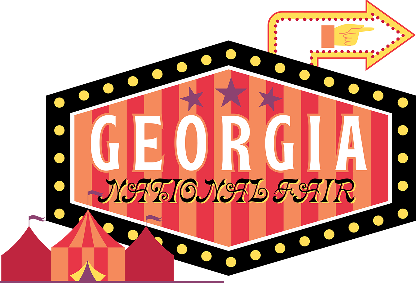 Georgia National Fair sign with red and white striped background, framed by yellow lights, featuring circus tents and a pointing arrow.