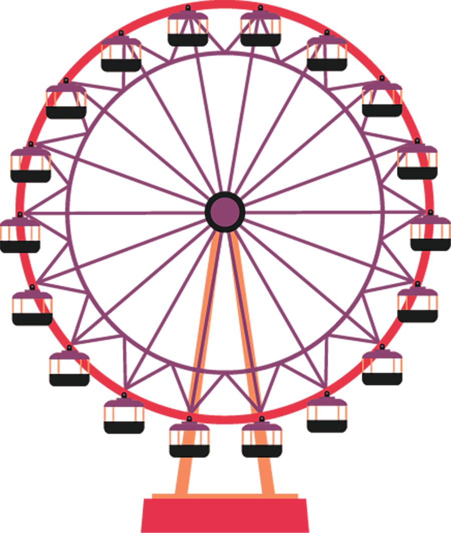 Illustration of a red and purple Ferris wheel with passenger cars.