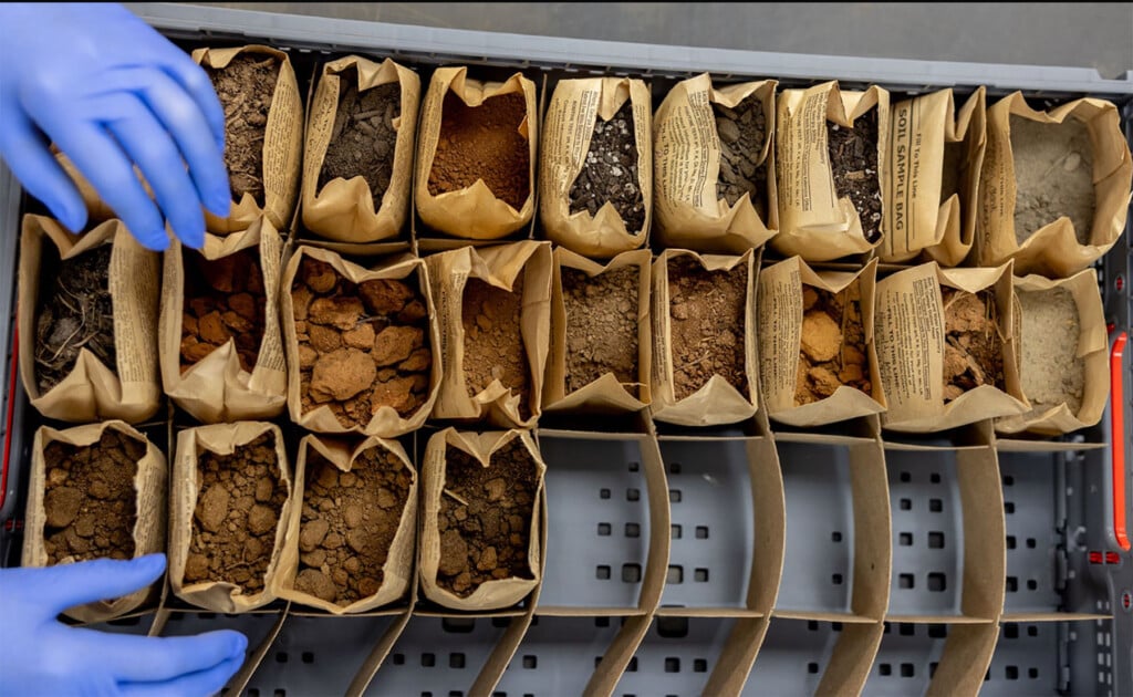 a pair of gloved hands hovers over bags of different soil samples