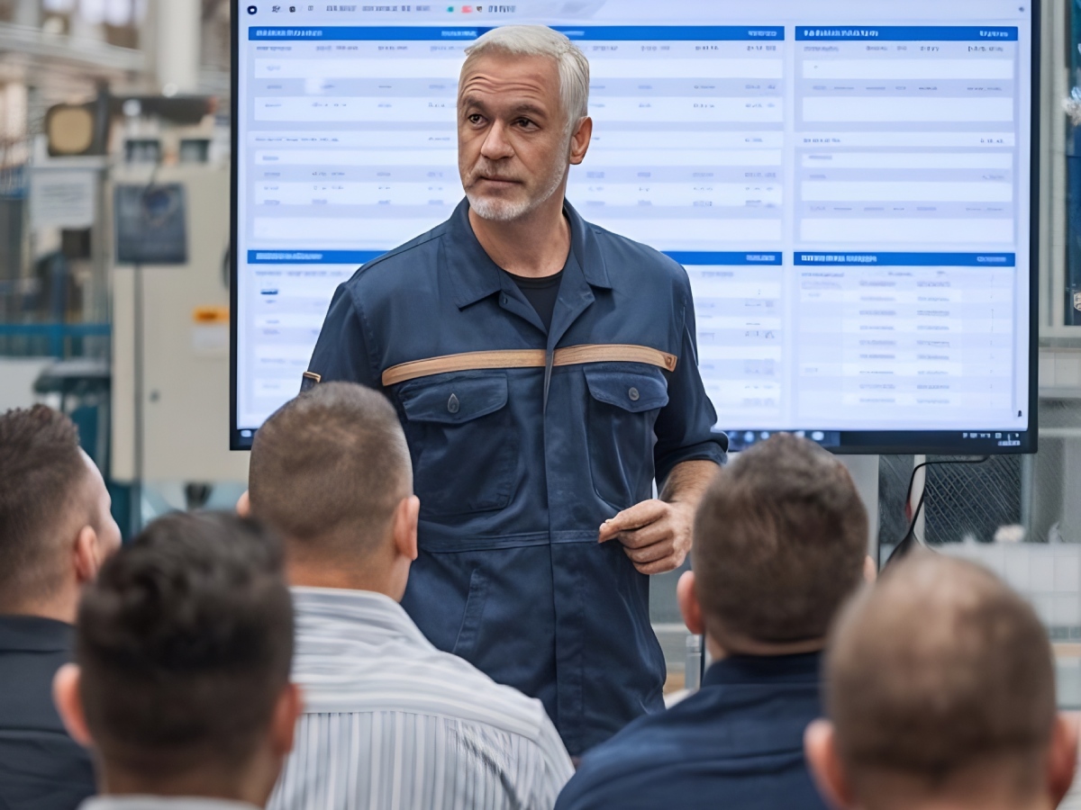 Man leads a training seminar in front of a presentation monitor.
