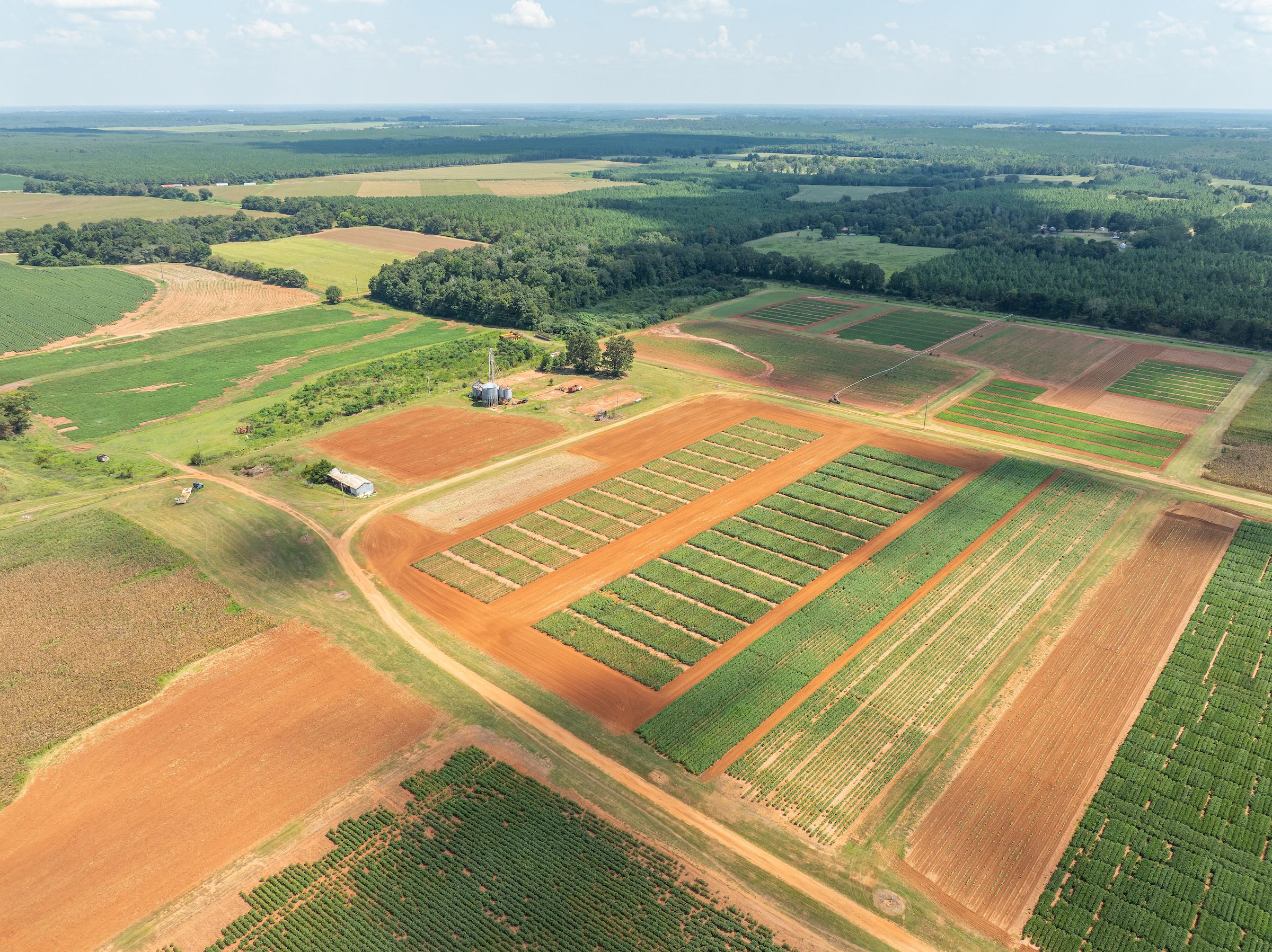Aerial view of a large agricultural research farm with organized crop plots, dirt roads, and surrounding green fields.