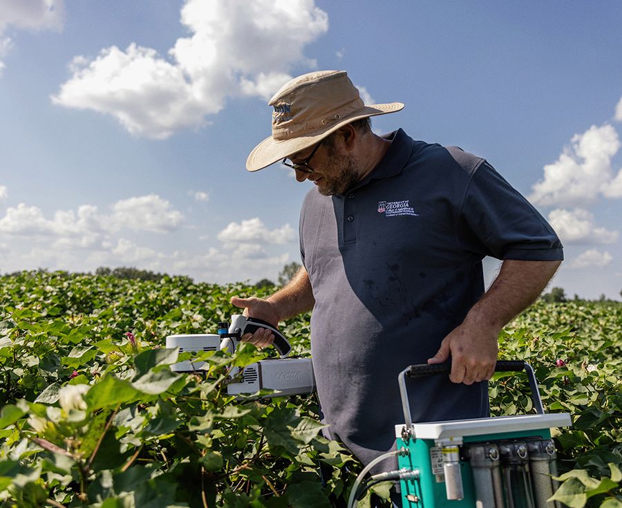 Man in a wide-brimmed hat uses scientific equipment in a cotton field under a partly cloudy sky.