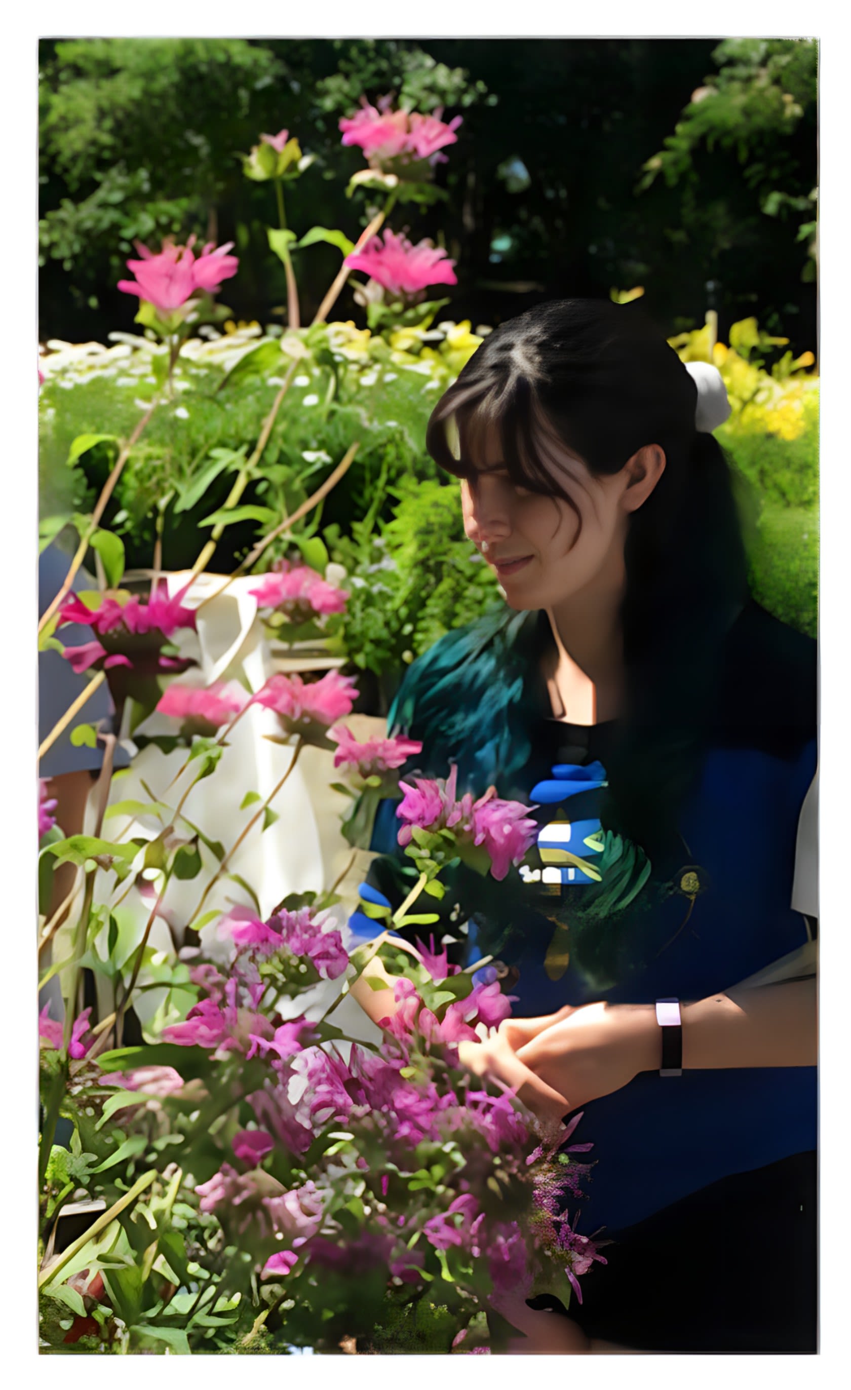 Snapshot of Amy looking for pollinators in a flower garden