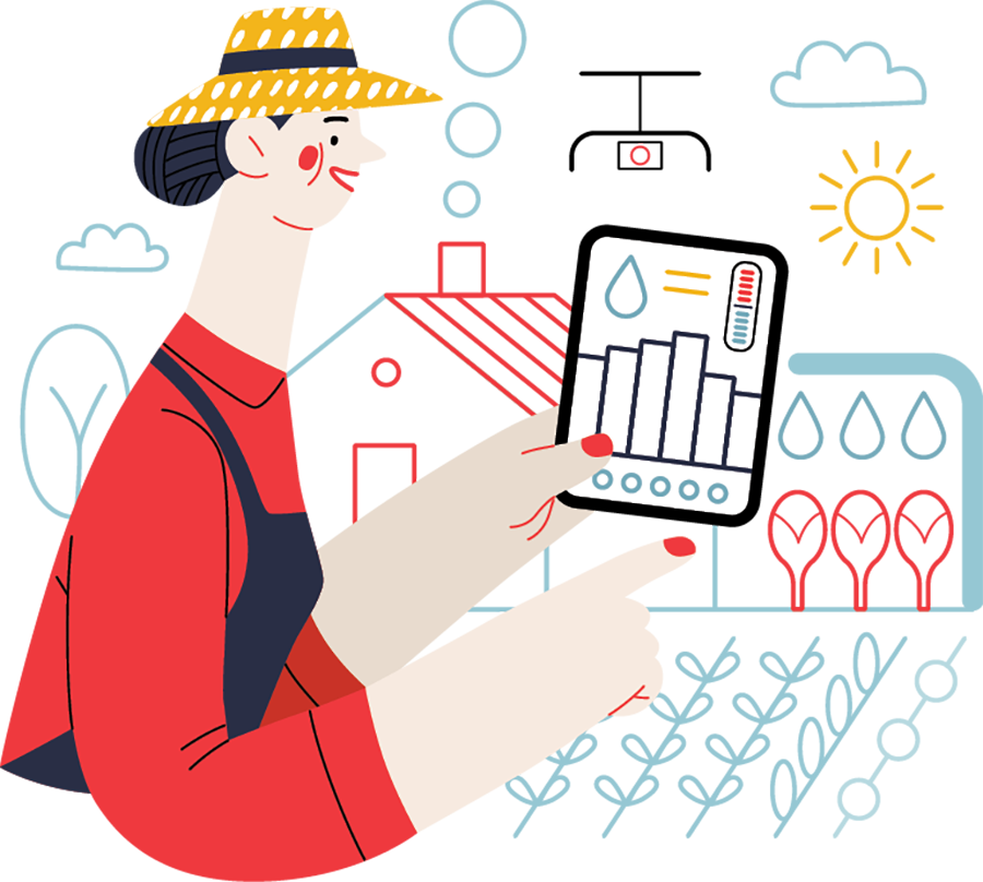 Illustration of a farmer in a straw hat using a tablet with a bar graph, surrounded by crops, water droplets, and weather icons, indicating smart agriculture monitoring.