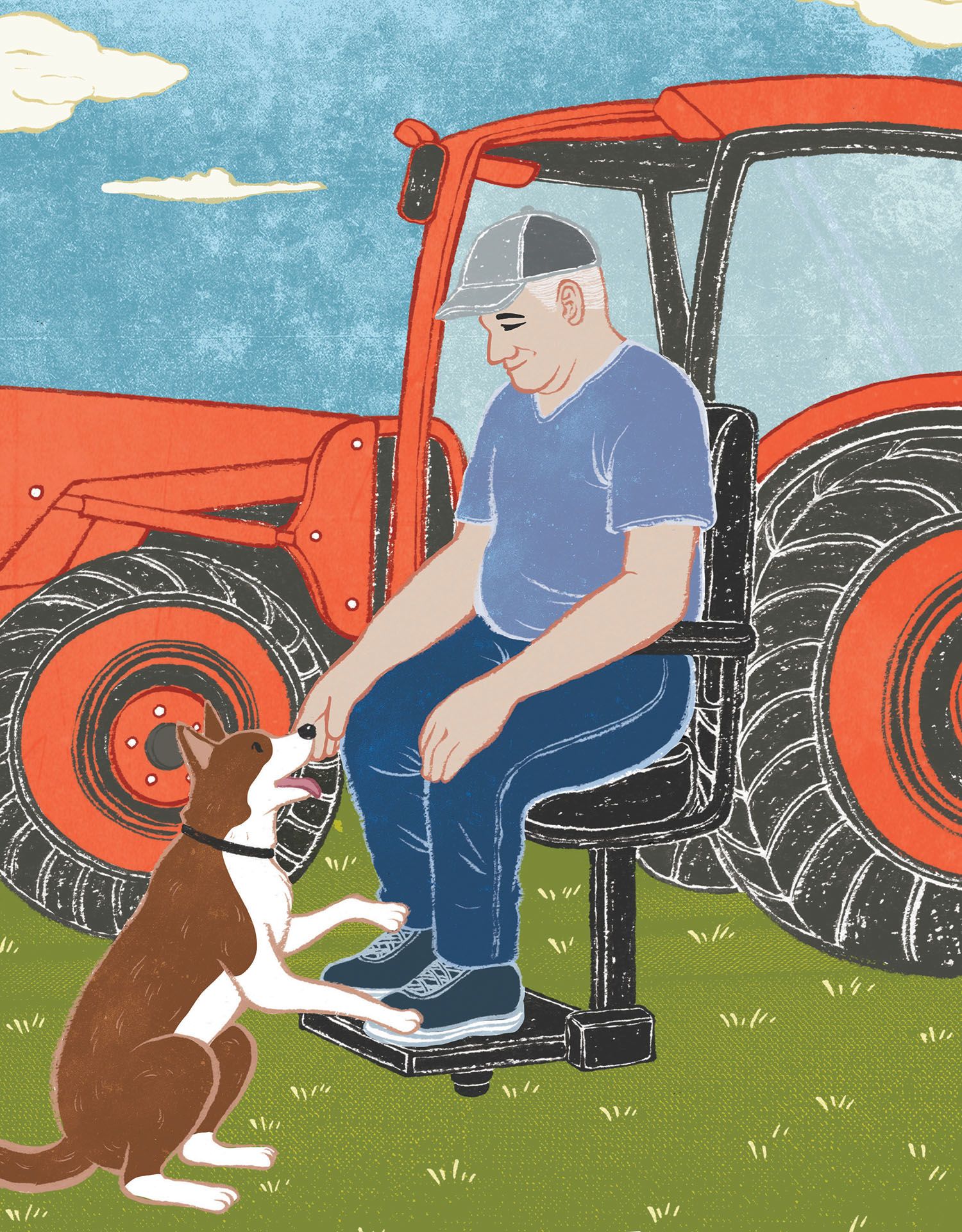 Illustration of a man sitting on a red tractor, petting a brown and white dog, with a blue sky and green field in the background.