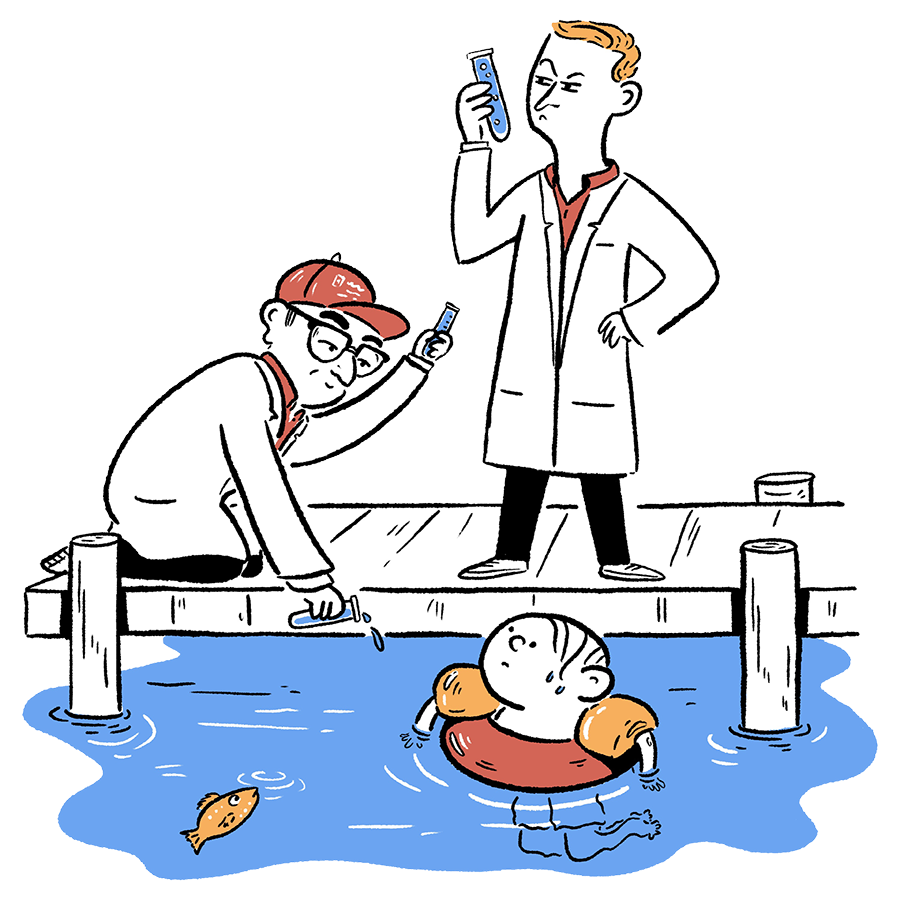 Illustration of two scientists testing water quality at a dock, one collecting a sample while the other observes a test tube; a child floats nearby in a life ring with a fish swimming below.