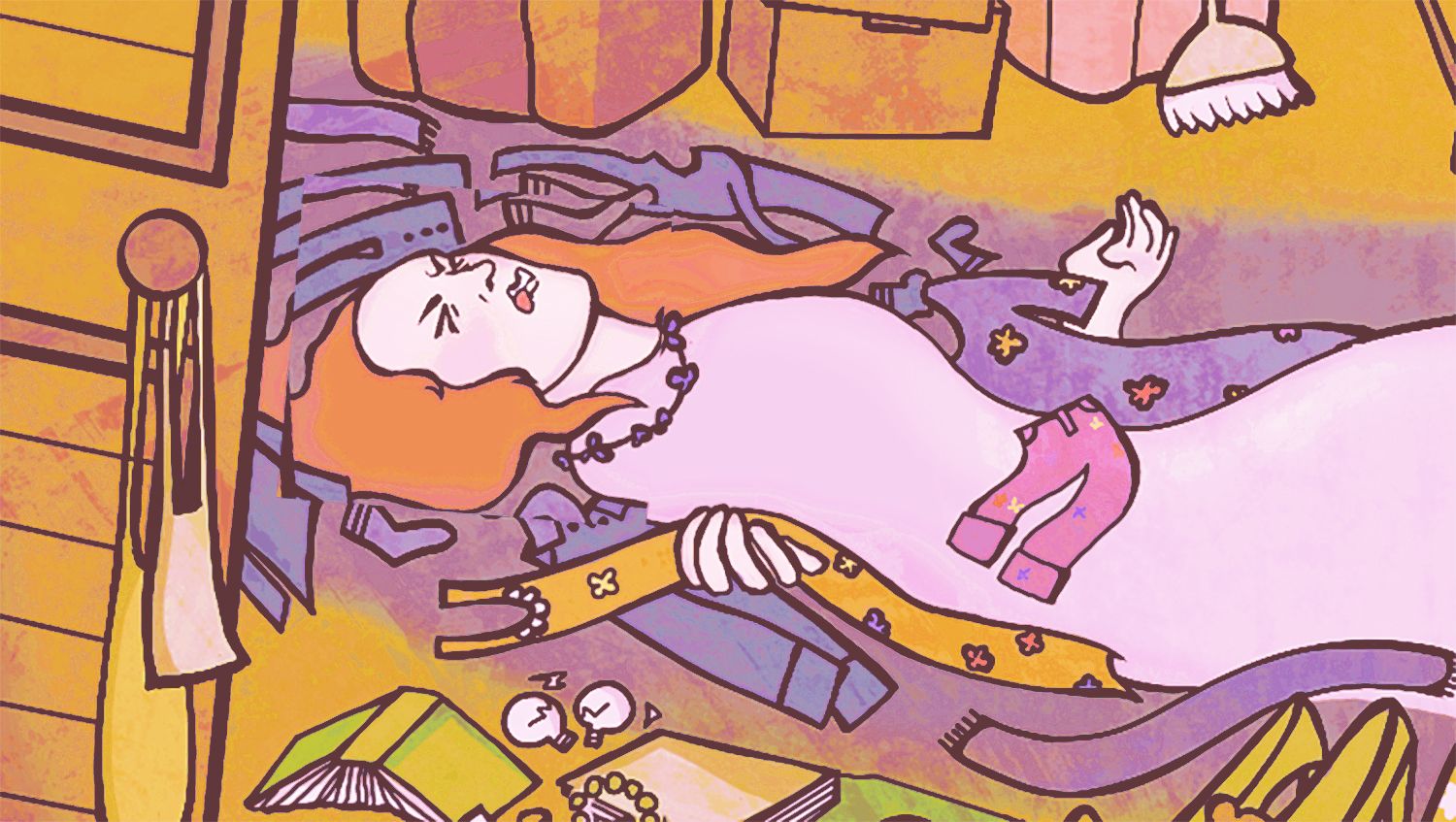 Illustration of a woman lying on the floor in a cluttered room, surrounded by clothes, books, and scattered items.
