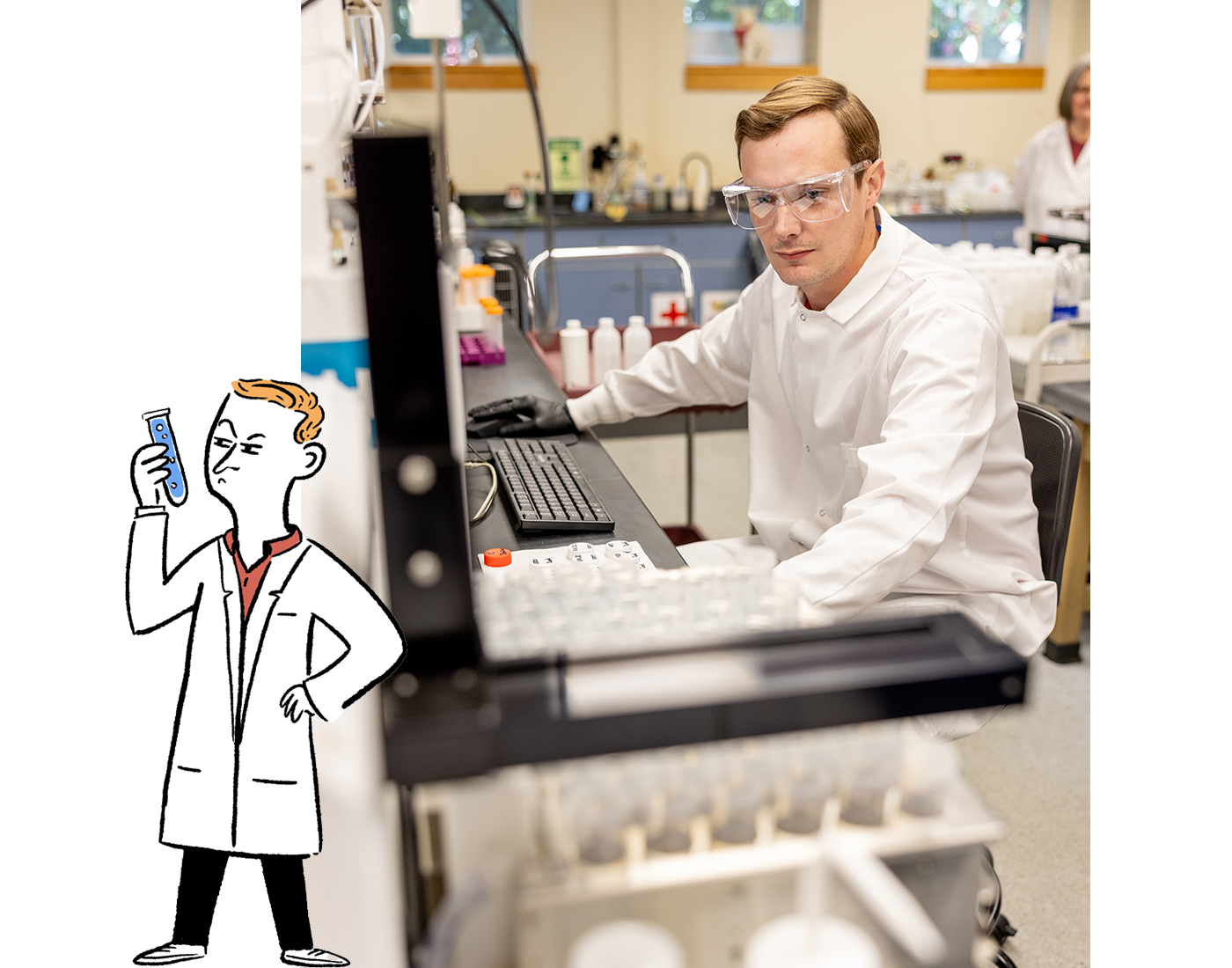 Man watches robotic sampling of water vials. To the left of the image, a small illustrated caricature of him looks at a vial