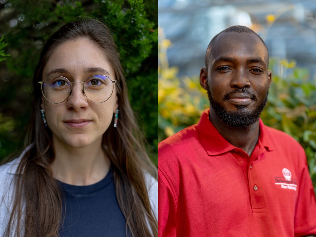 Split screen of two UGA graduate students posing for headshots