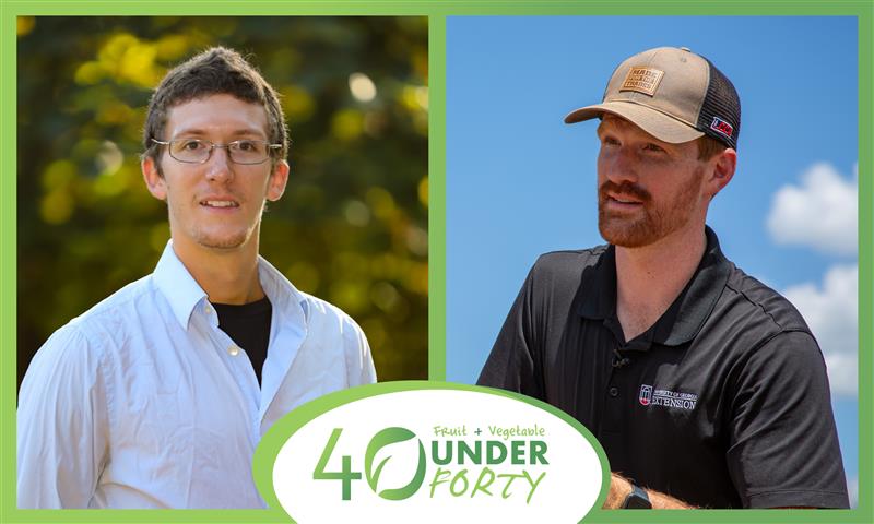 Side-by-side image of two men with a green border around the image and a 40 Under 40 logo at the bottom.