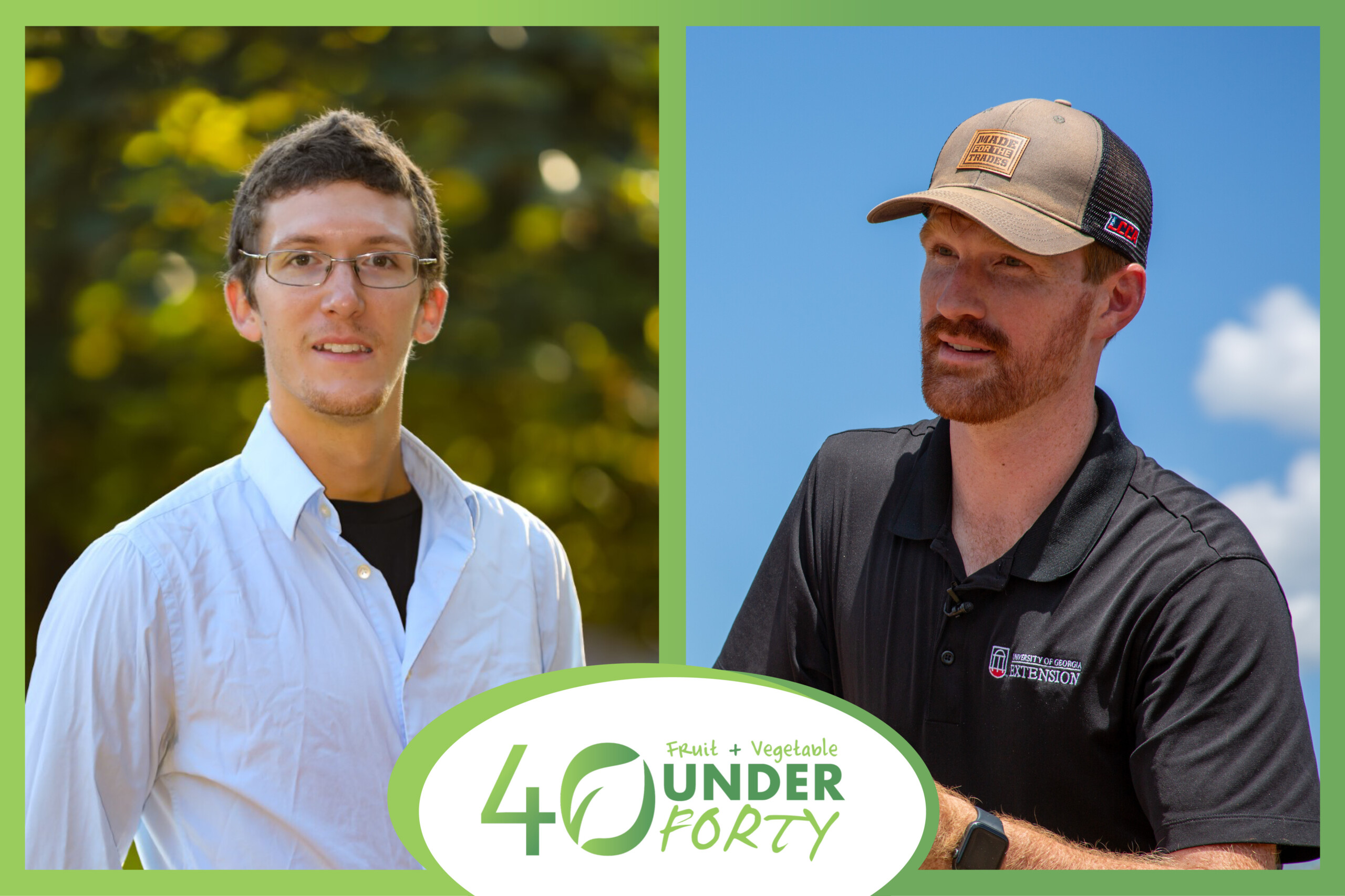 Side-by-side image of two men with a green border around the image and a 40 Under 40 logo at the bottom.