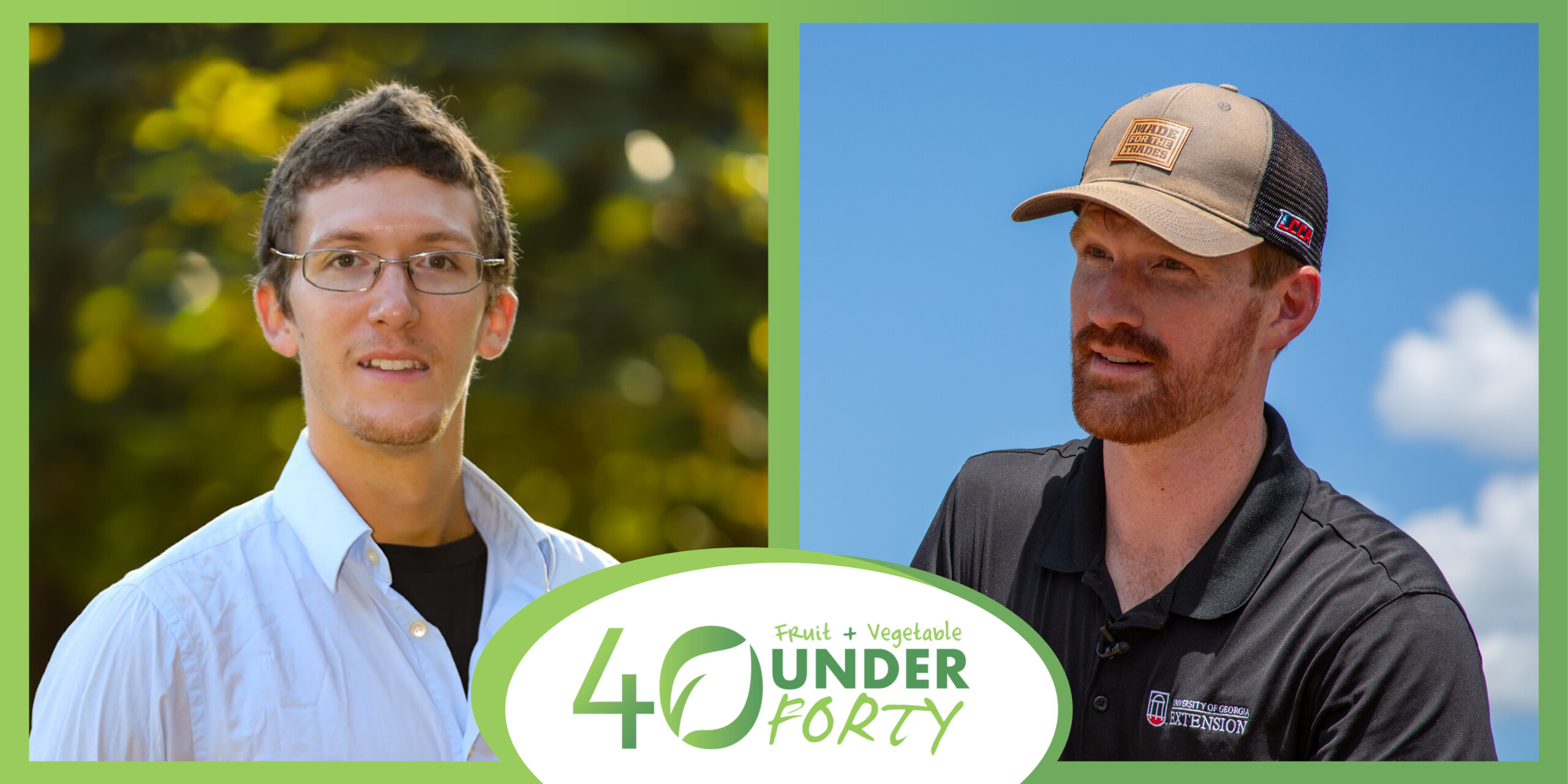 Side-by-side image of two men with a green border around the image and a 40 Under 40 logo at the bottom.