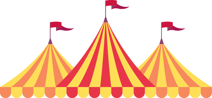 Illustration of three red and yellow striped circus tents with small red flags on top.