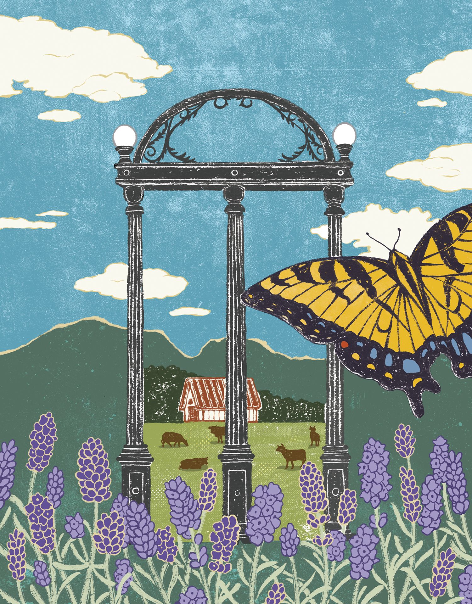Illustration of a yellow and black butterfly flying near the UGA arch, surrounded by purple flowers, grazing cows, and a barn in a scenic rural landscape.