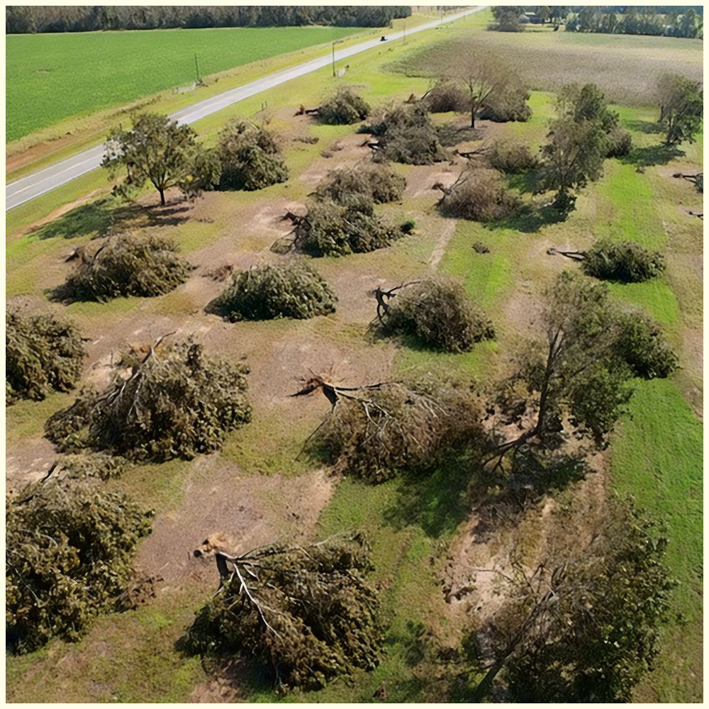 Aerial view of a field with uprooted and fallen trees, scattered debris, and patches of green grass, indicating storm damage.