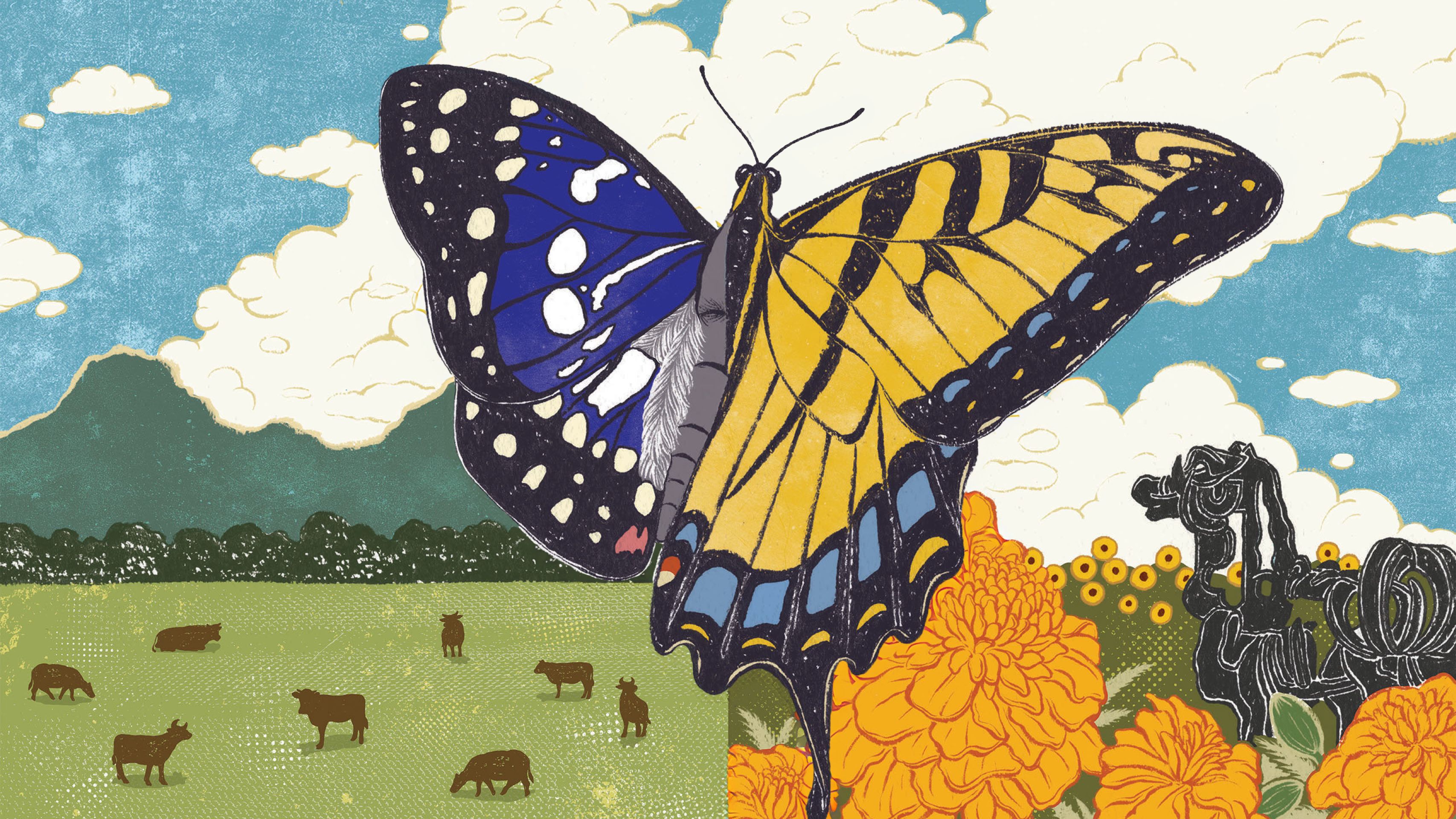 Illustration of a large butterfly with blue and yellow wings flying over a pastoral landscape with cows, flowers, and a horse-drawn plow under a cloudy sky.