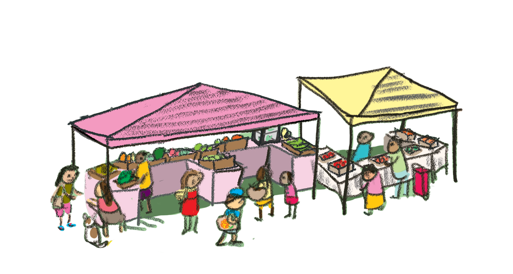 Illustration of a farmers market with people shopping at colorful tents selling produce and goods.