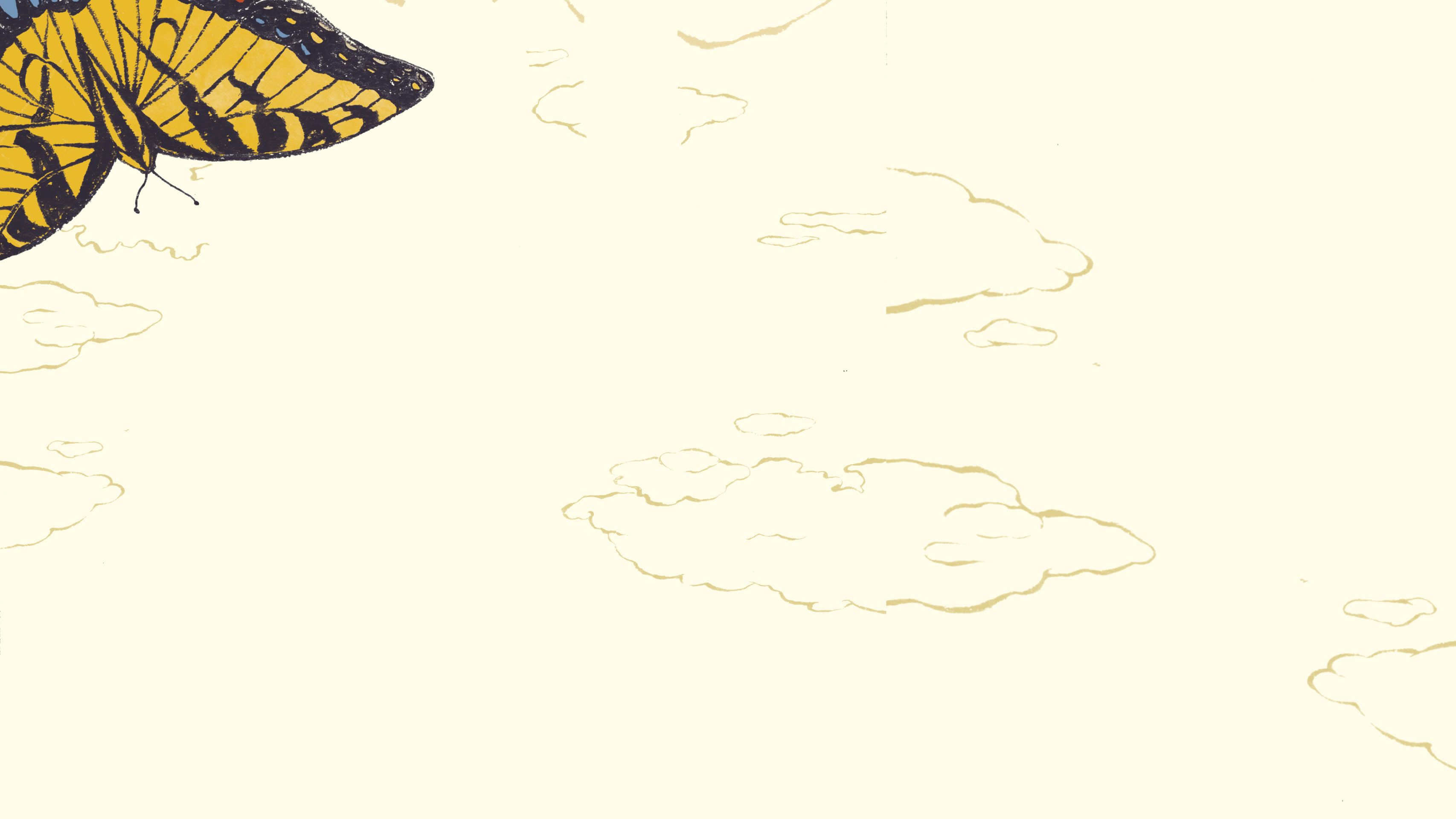 Simple line art illustration of clouds, with a partial view of a yellow butterfly in the top left corner.