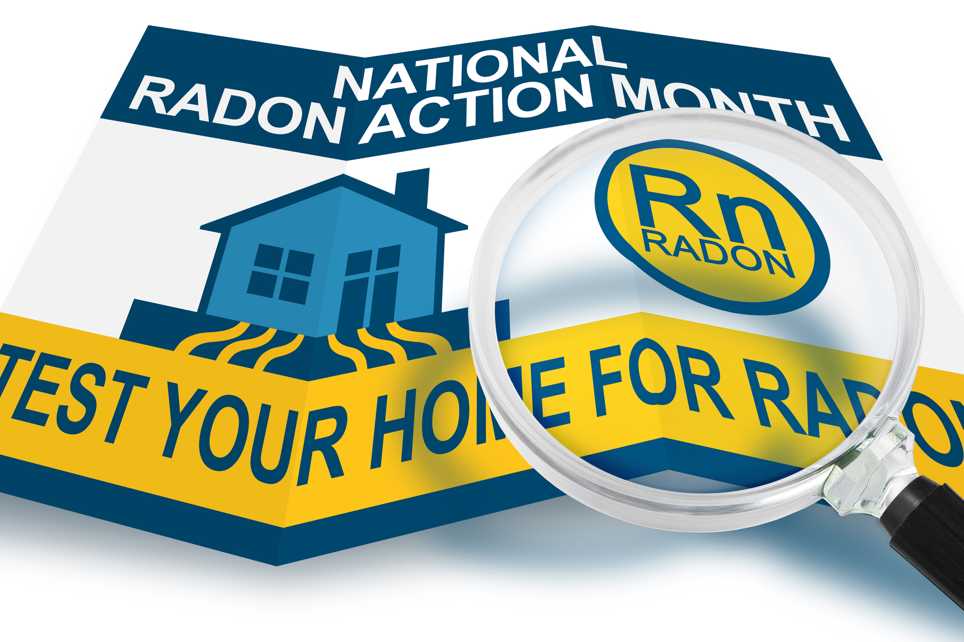 Graphic of a magnifying glass over a brochure that reads "National Radon Action Month: Test your home for radon."