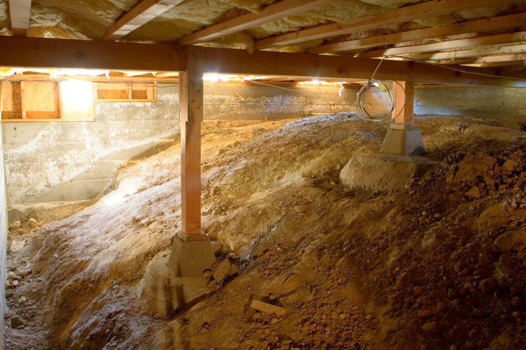 Unfinished crawl space beneath a home with exposed soil, concrete footings and insulation visible along the floor joists, illustrating how unsealed crawl spaces can allow radon gas to enter indoor air.