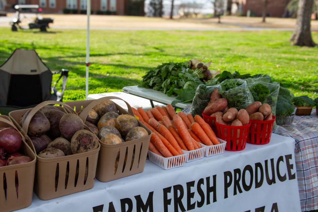 Baskets of various fresh produce for sale, including onions, beets, carrots, greens and more.