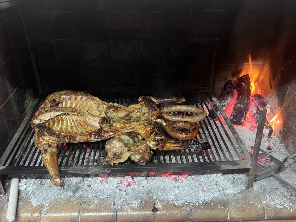 An outdoor grill over an open fire cooks various meats and sausages.