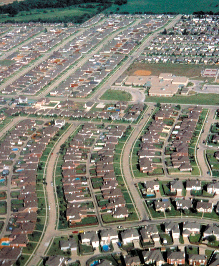 An aerial photo of a suburban community area.