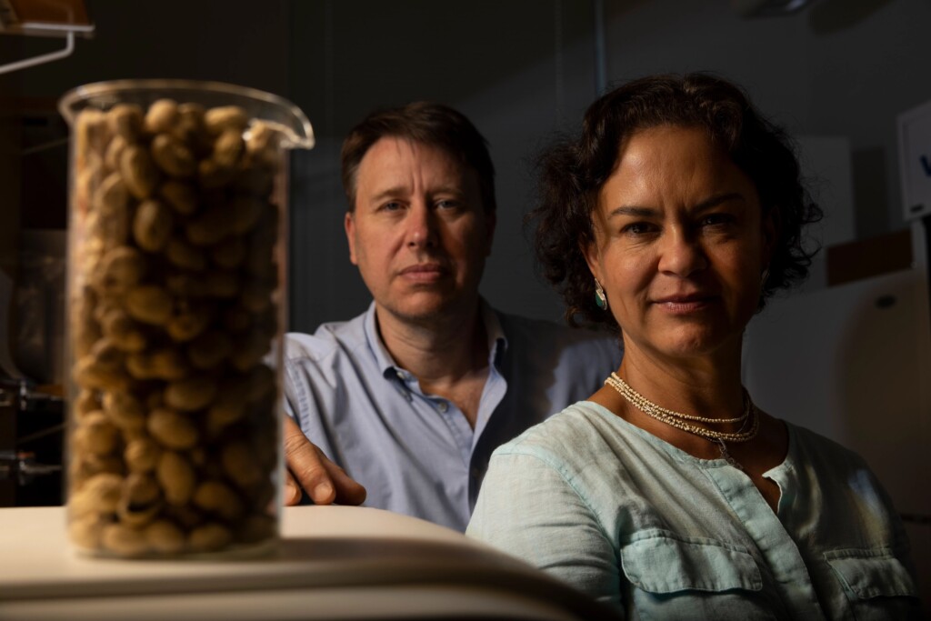 Soraya Leal-Bertioli and David Bertioli sit in a darkened room with a glass container of peanuts in the foreground