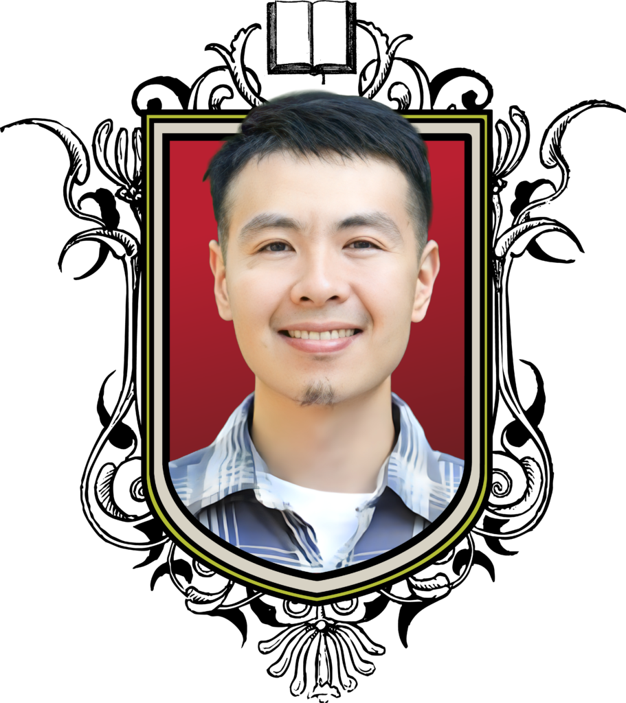 Graphic of an ornate shield with an open book on the top and a photo of Horace Zeng, who is smiling. 