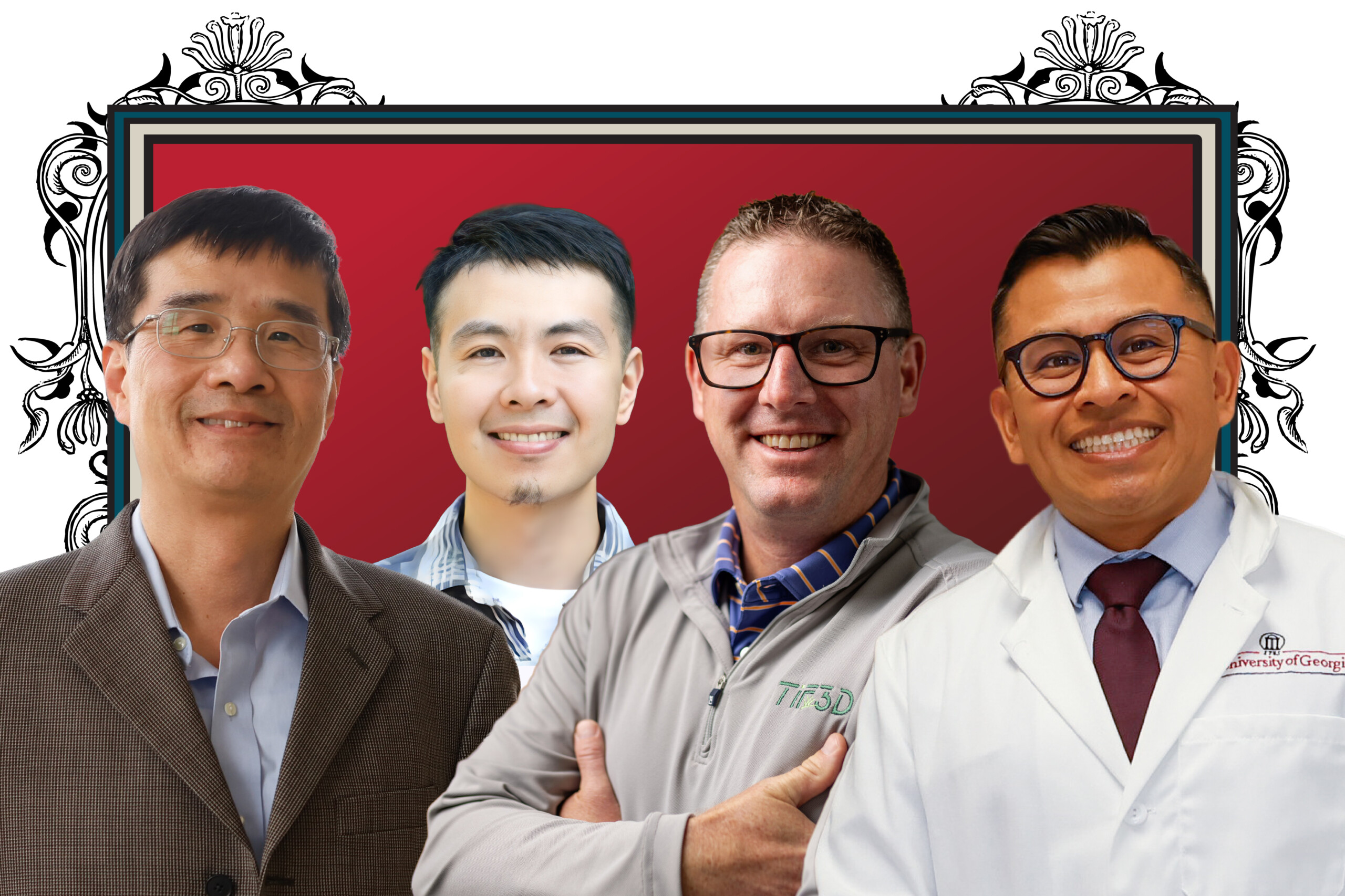 A graphic displaying a composite of four researchers stand side-by-side smiling, against a red background with an ornate frame.