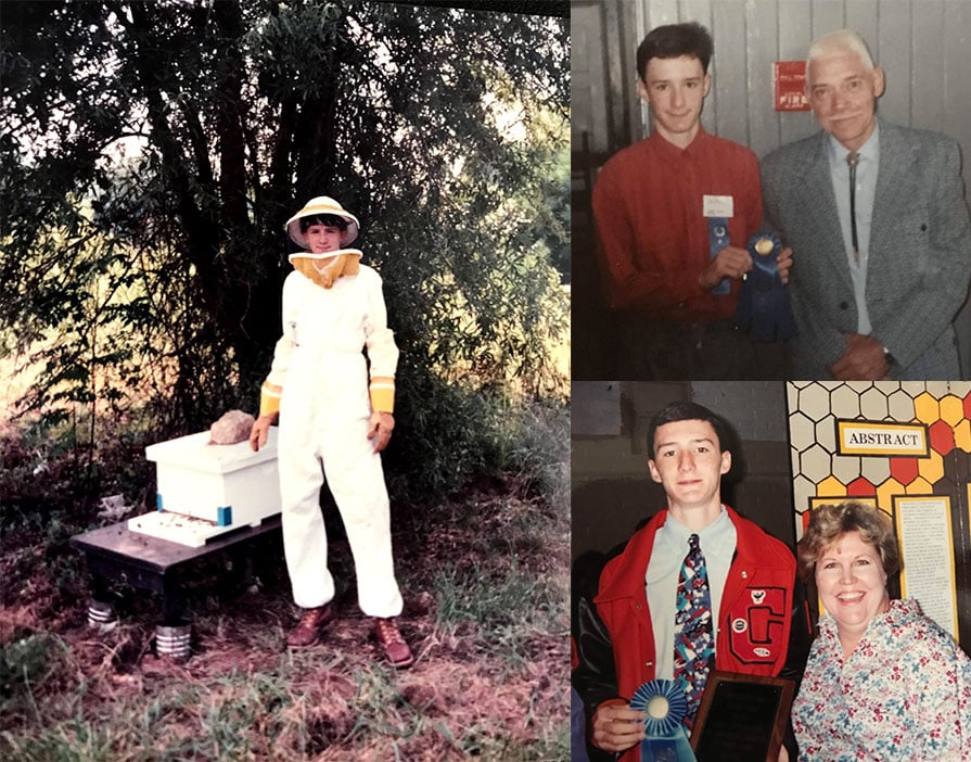 A collage shows a young man standing in front of an apiary, the young man with a male teacher and the young man with a female teacher.  