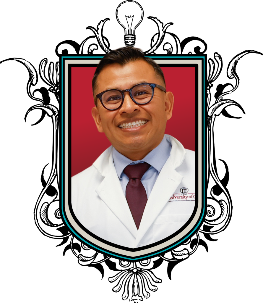 Graphic of an ornate shield with a light bulb on the top and a photo of Kevin Mis Solval, who is wearing glasses and is smiling. 