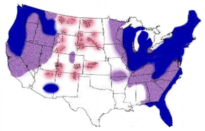 Map of the US showing forage Se content. The northwest, northeast, and Florida and coastal southeast have low Se content. Around those areas, including all of Georgia, and Alaska have variable Se content. The middle of the contiguous U.S. and Hawaii have adequate Se content, and several spots in the north middle part of the contiguous U.S. have higher Se accumulation.