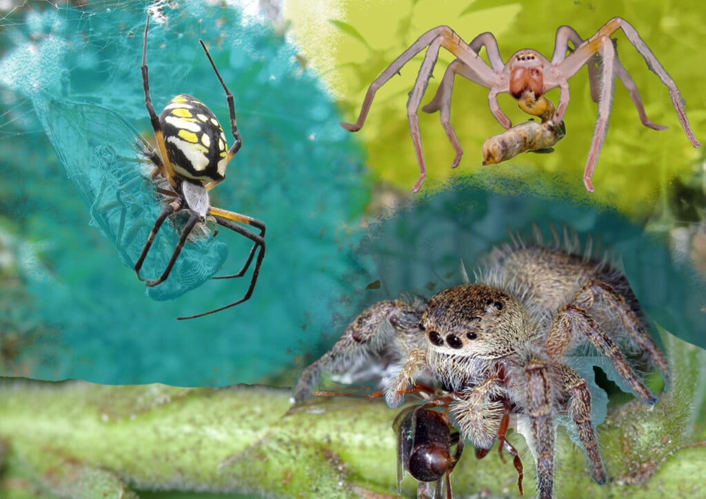 three spiders are featured in this image, one sport bright yellow and black striping, another long pink legs and the third a hairy exterior.