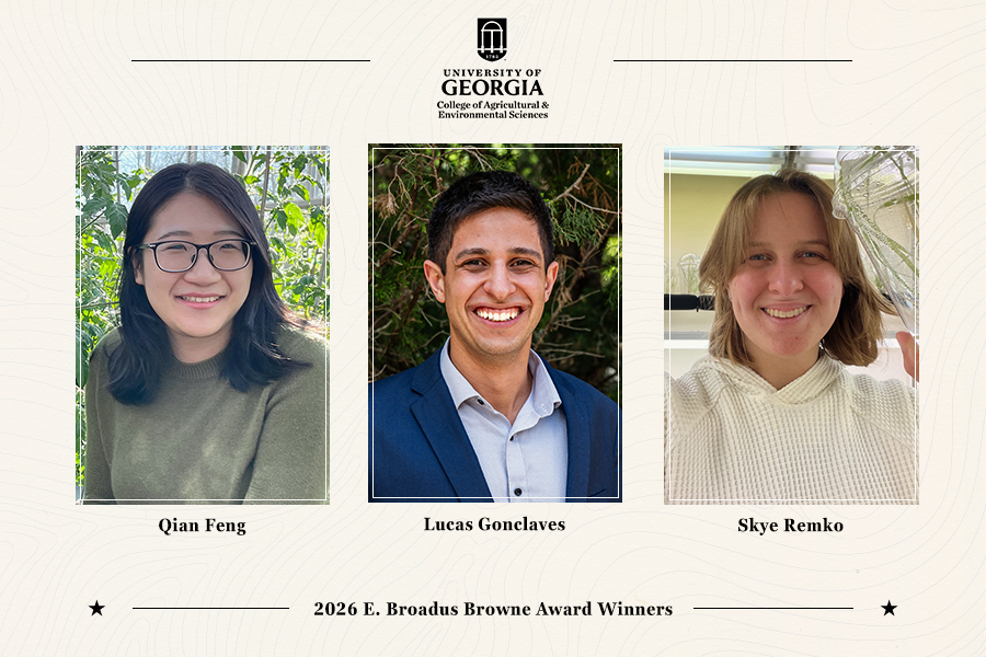 Composite graphic featuring the 2026 E. Broadus Browne Research Award winners from the University of Georgia College of Agricultural and Environmental Sciences. From left are Qian Feng, Lucas Goncalves and Skye Remko in individual portrait photos beneath the UGA CAES logo.