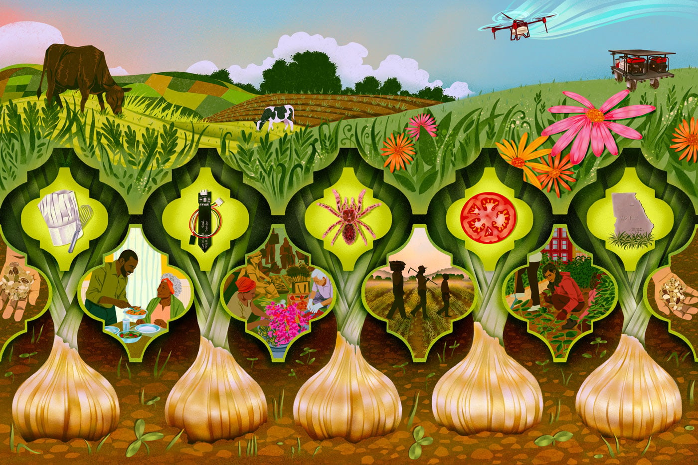 Illustrated Almanac banner with Vidalia onions, farming scenes, food and ecology icons, livestock, crops, flowers, and a drone overhead