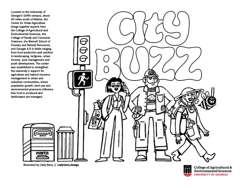 Coloring page of a woman with a farmer's market tote, a farmer and gardener at a crosswalk