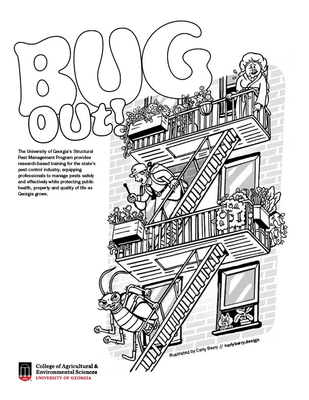 Coloring page of a pest control professional chasing a giant cockroach down a fire escape